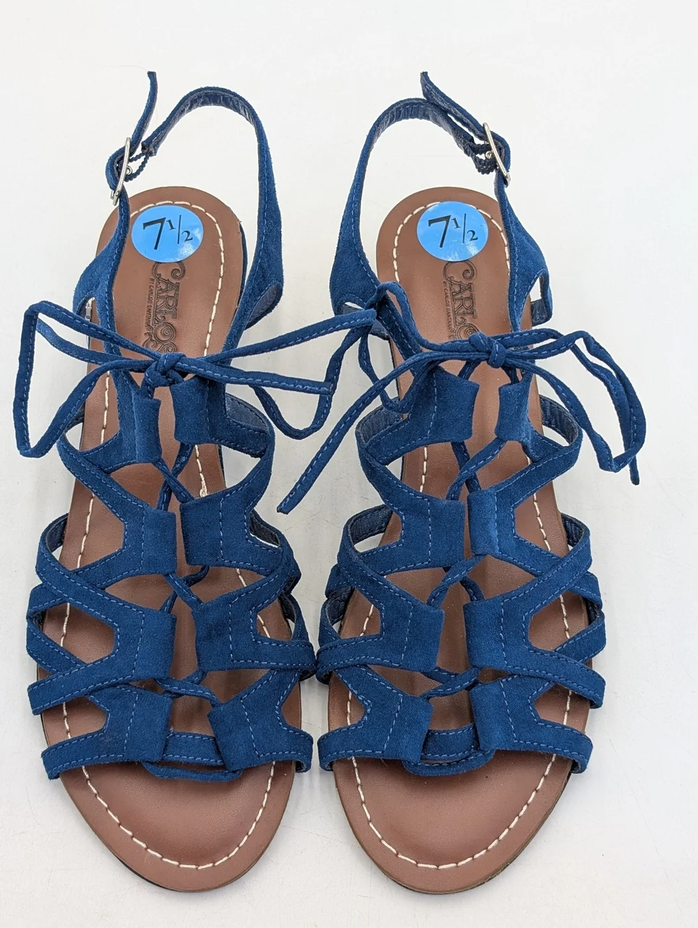NWT Carlos Kiara2 Sz 7.5 Strappy Low-Wedge Rich Blue Fabric Upper Silver Buckles